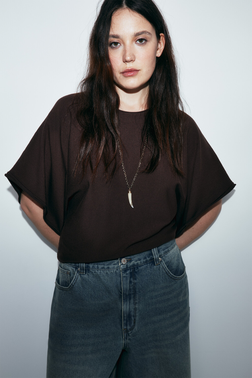 Джемпер вязаный вискозный с объемными рукавами - цвет коричневый - 2