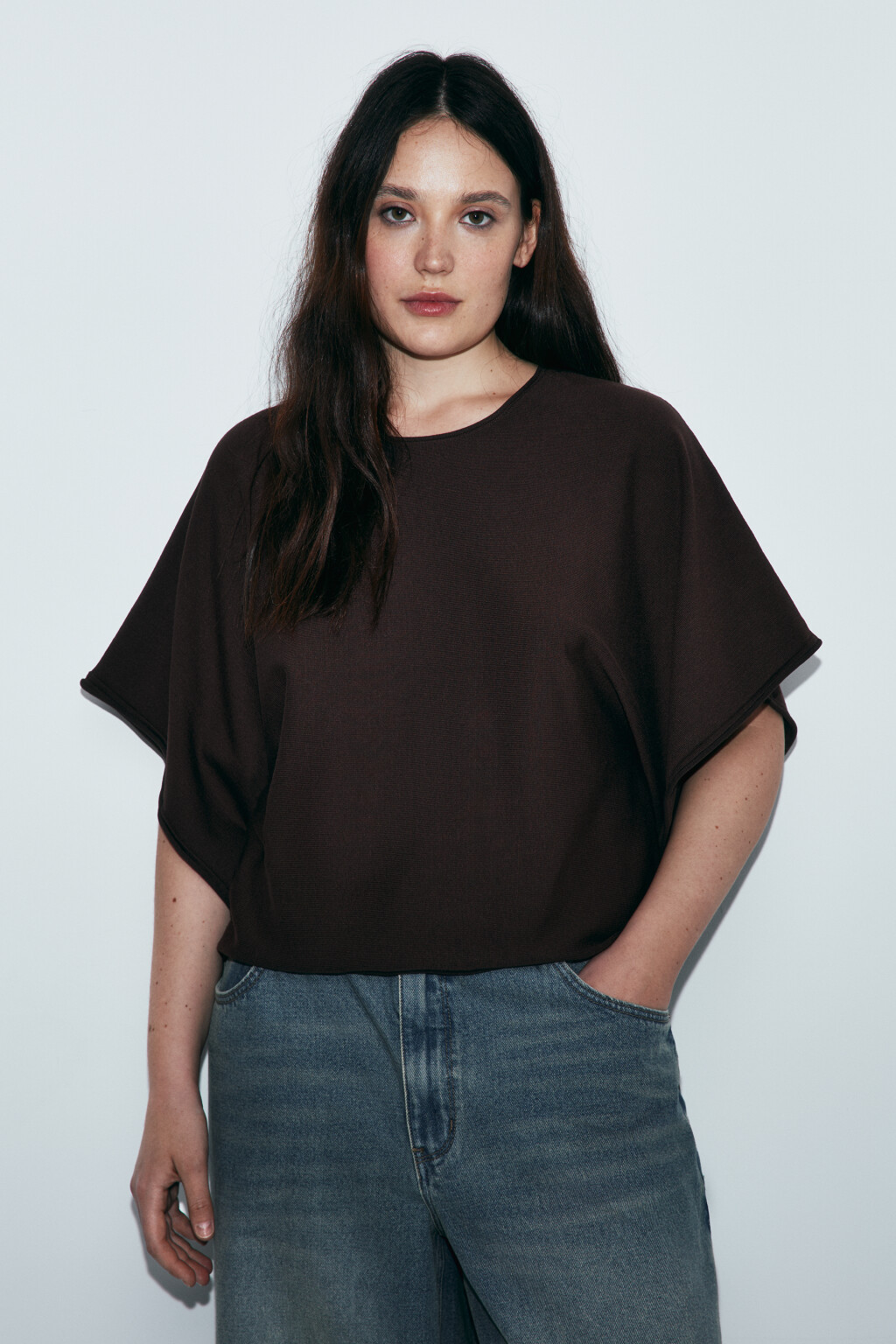 Джемпер вязаный вискозный с объемными рукавами - цвет коричневый - 3