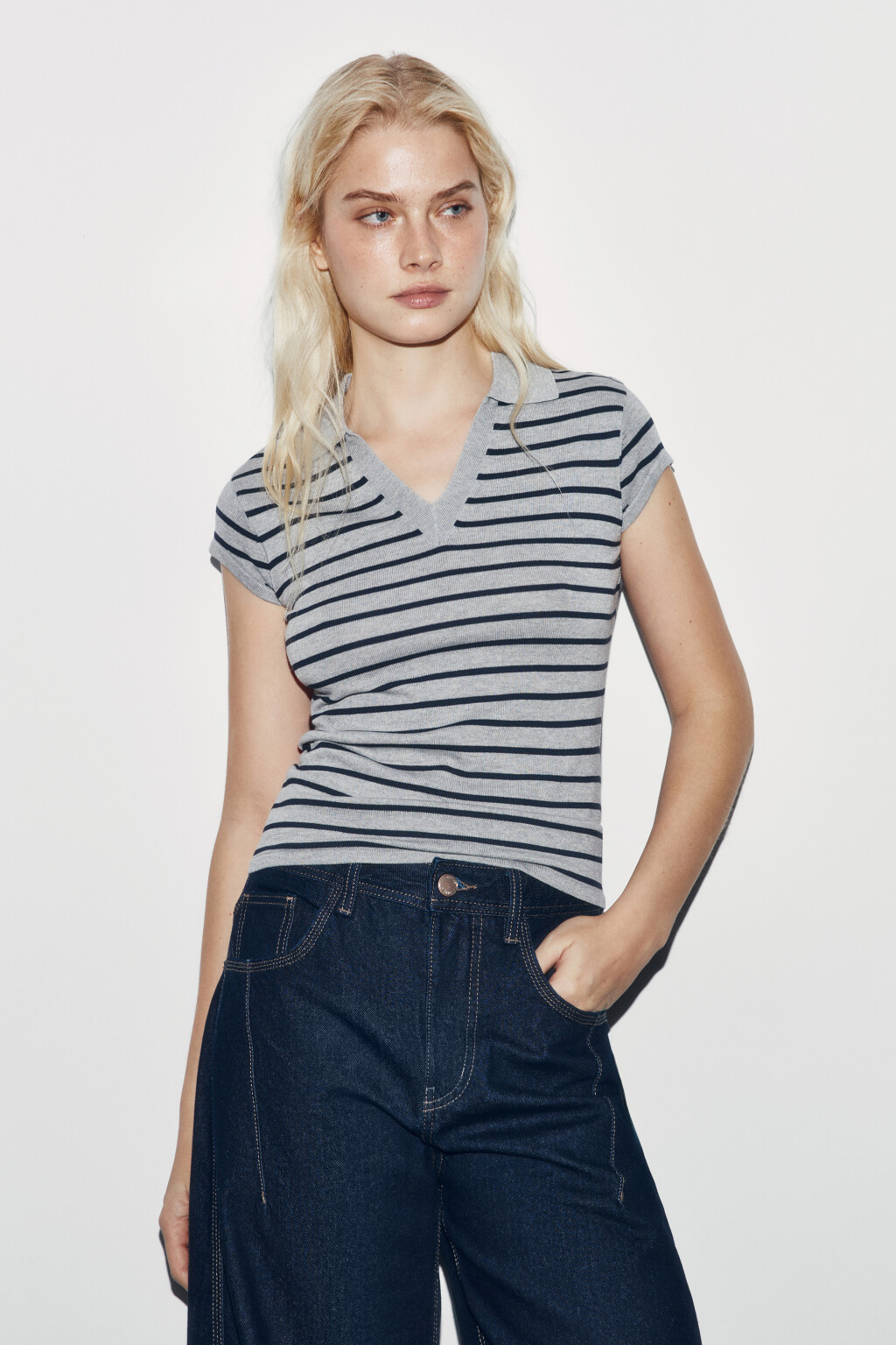 Футболка-поло полуприлегающая вязаная в полоску - цвет серый - 3