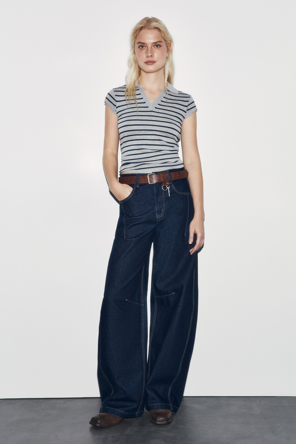 Футболка-поло полуприлегающая вязаная в полоску - цвет серый - 5