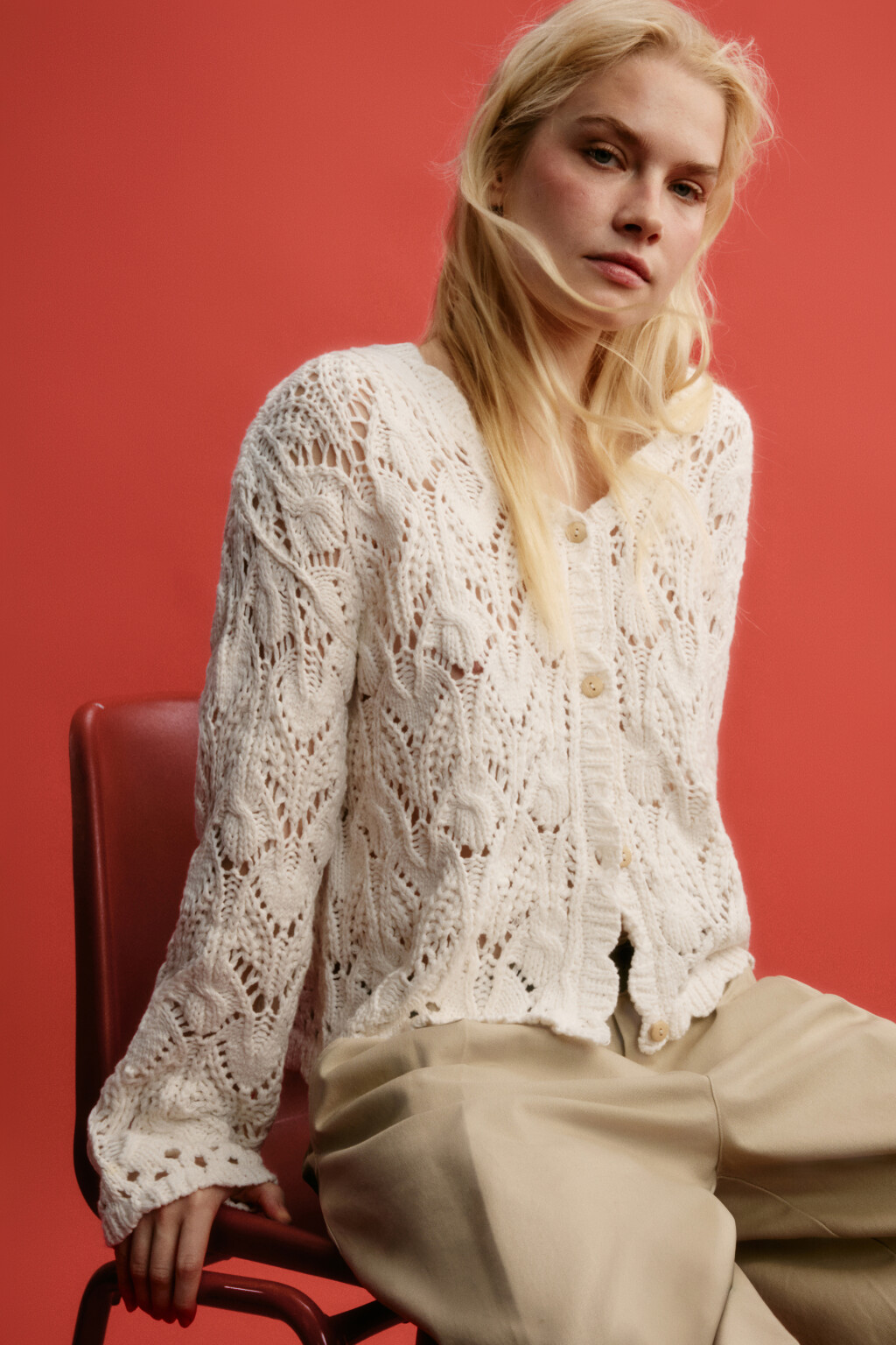Кардиган кроше ажурный - цвет молочный - 2