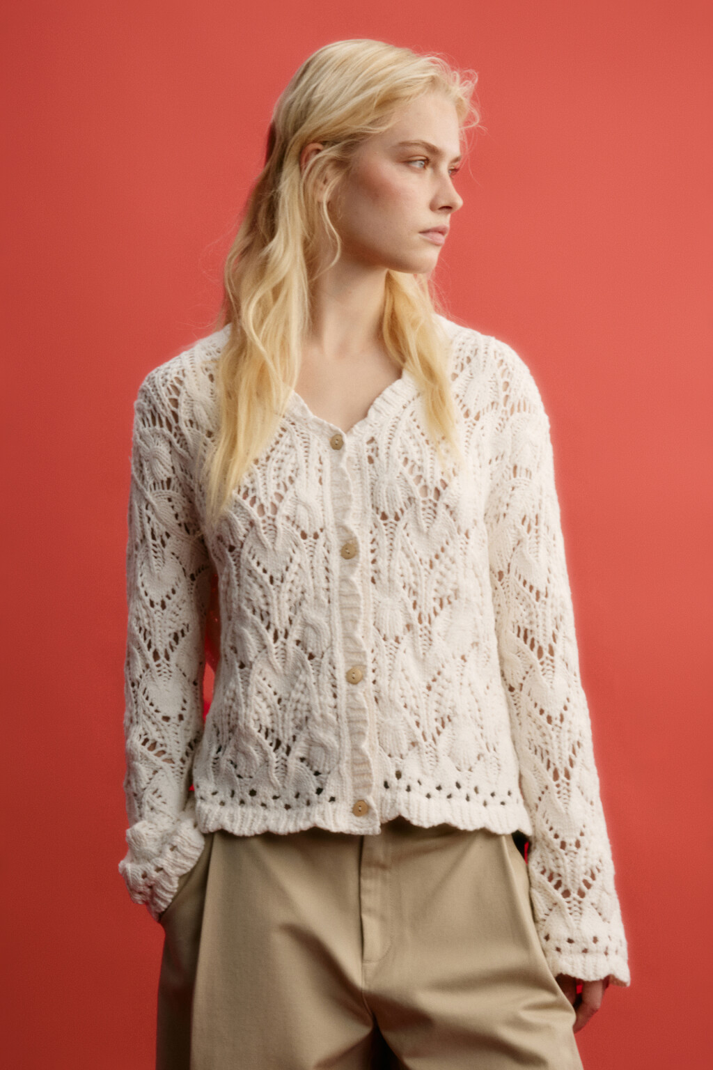 Кардиган кроше ажурный - цвет молочный - 3