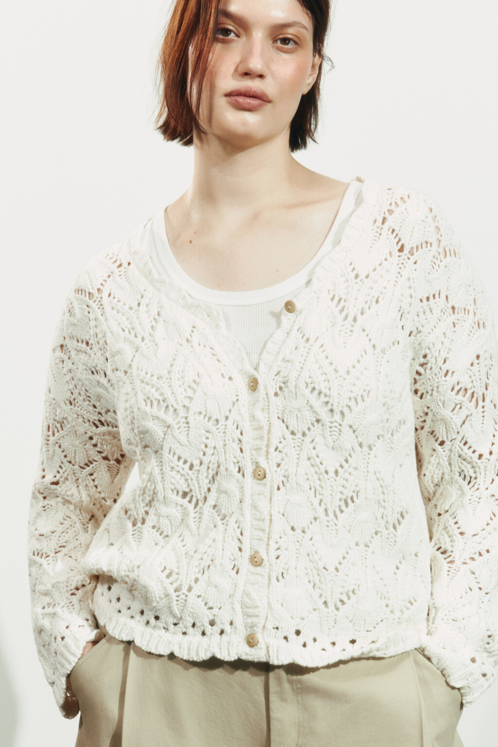 Кардиган крупной вязки ажурный - цвет молочный - 1