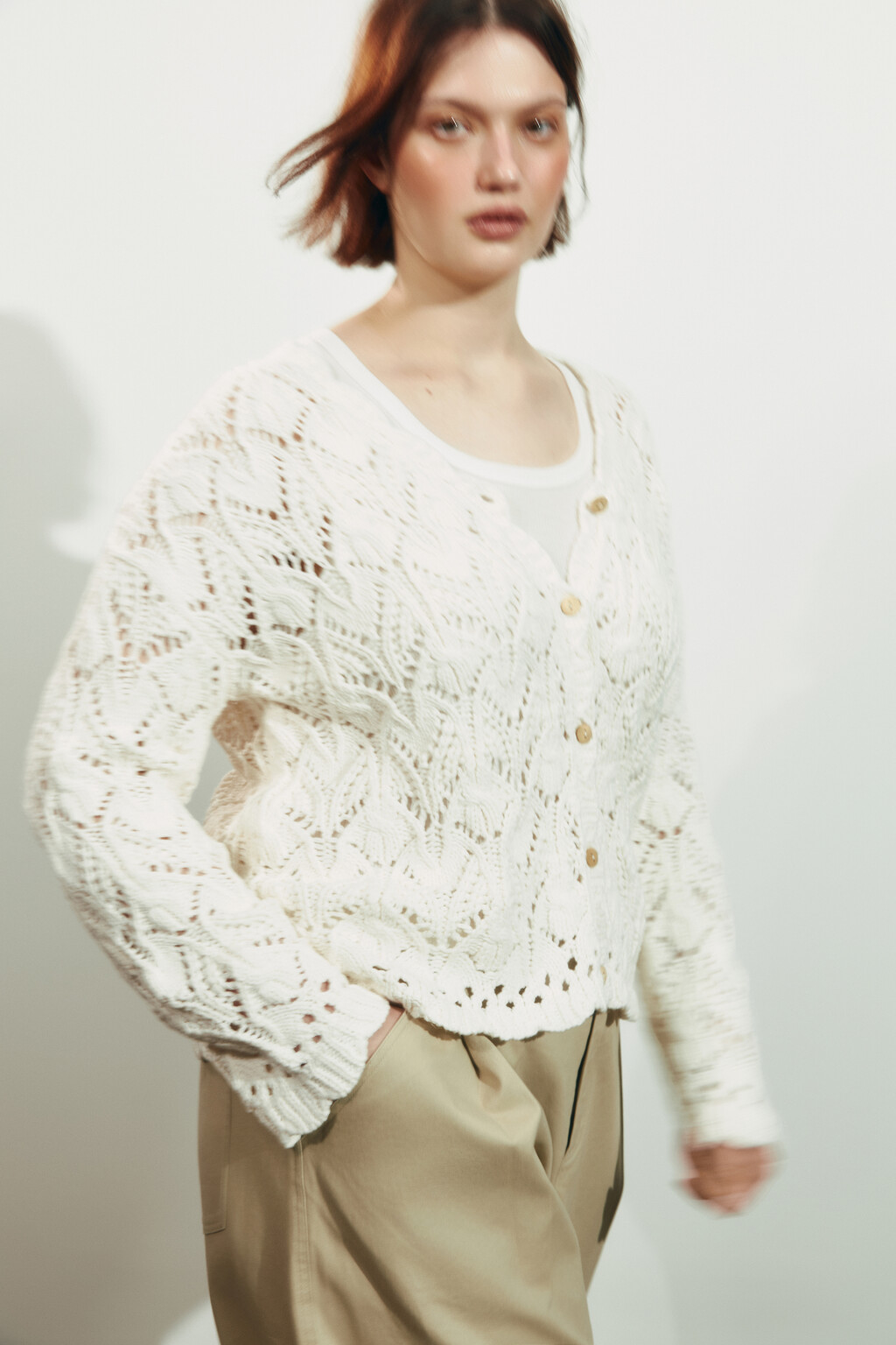 Кардиган крупной вязки ажурный - цвет молочный - 2