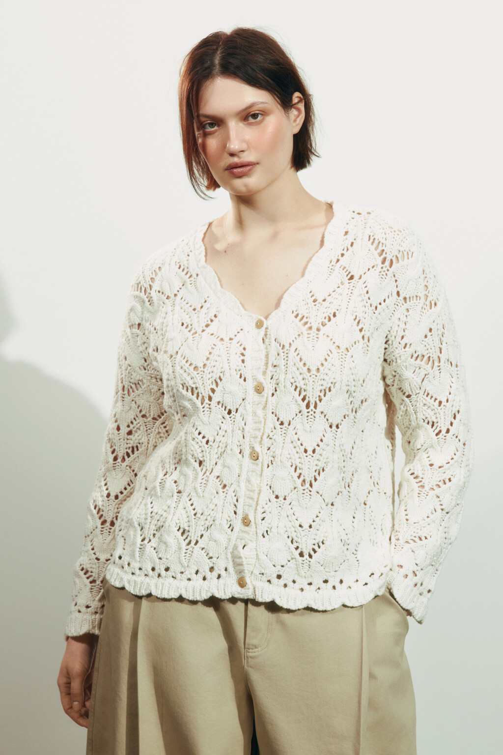 Кардиган крупной вязки ажурный - цвет молочный - 3