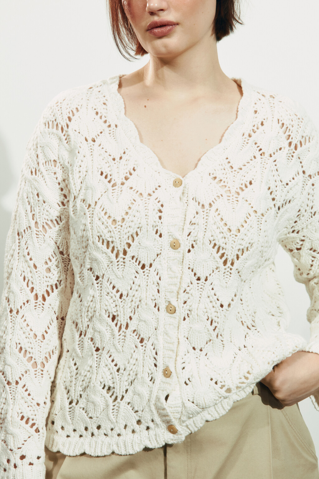 Кардиган крупной вязки ажурный - цвет молочный - 6