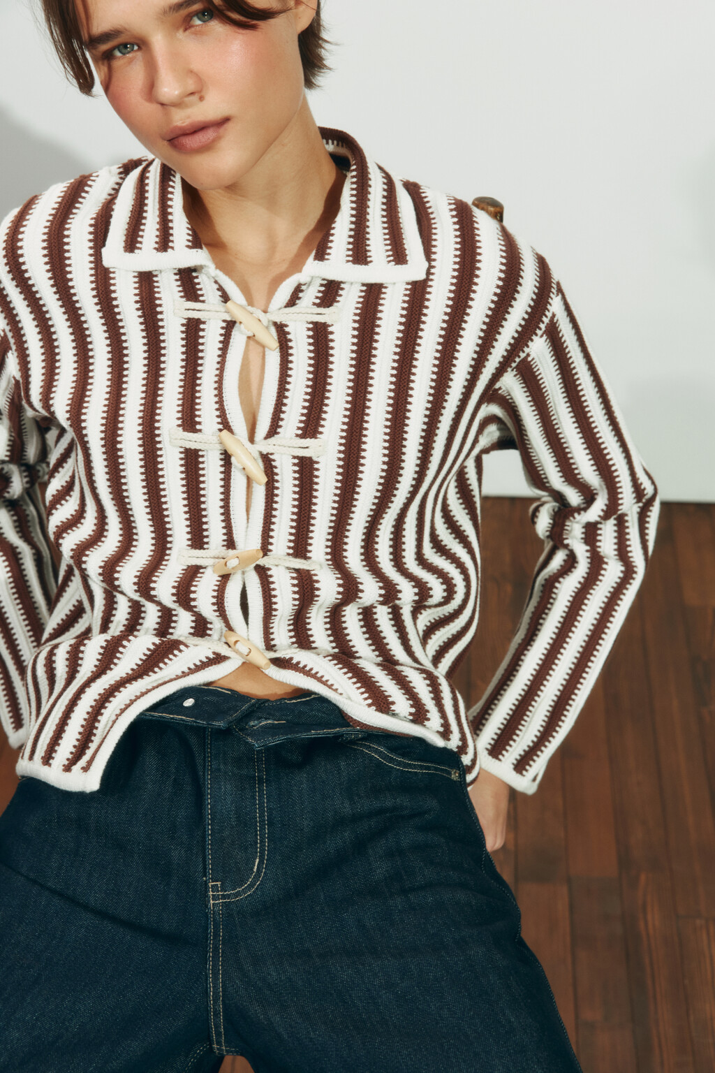 Кардиган вязаный oversize в полоску - цвет коричневый - 1