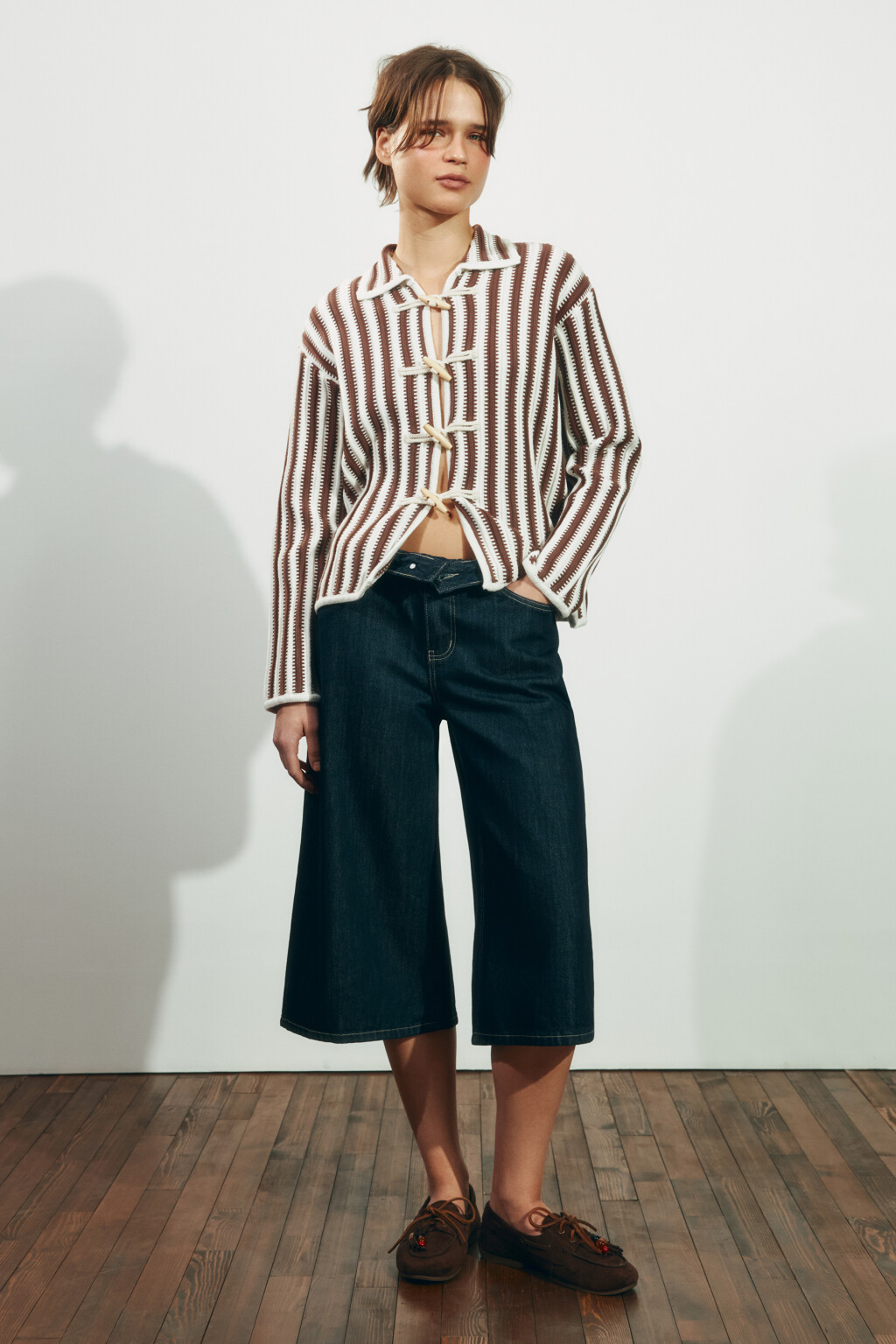 Кардиган вязаный oversize в полоску - цвет коричневый - 4