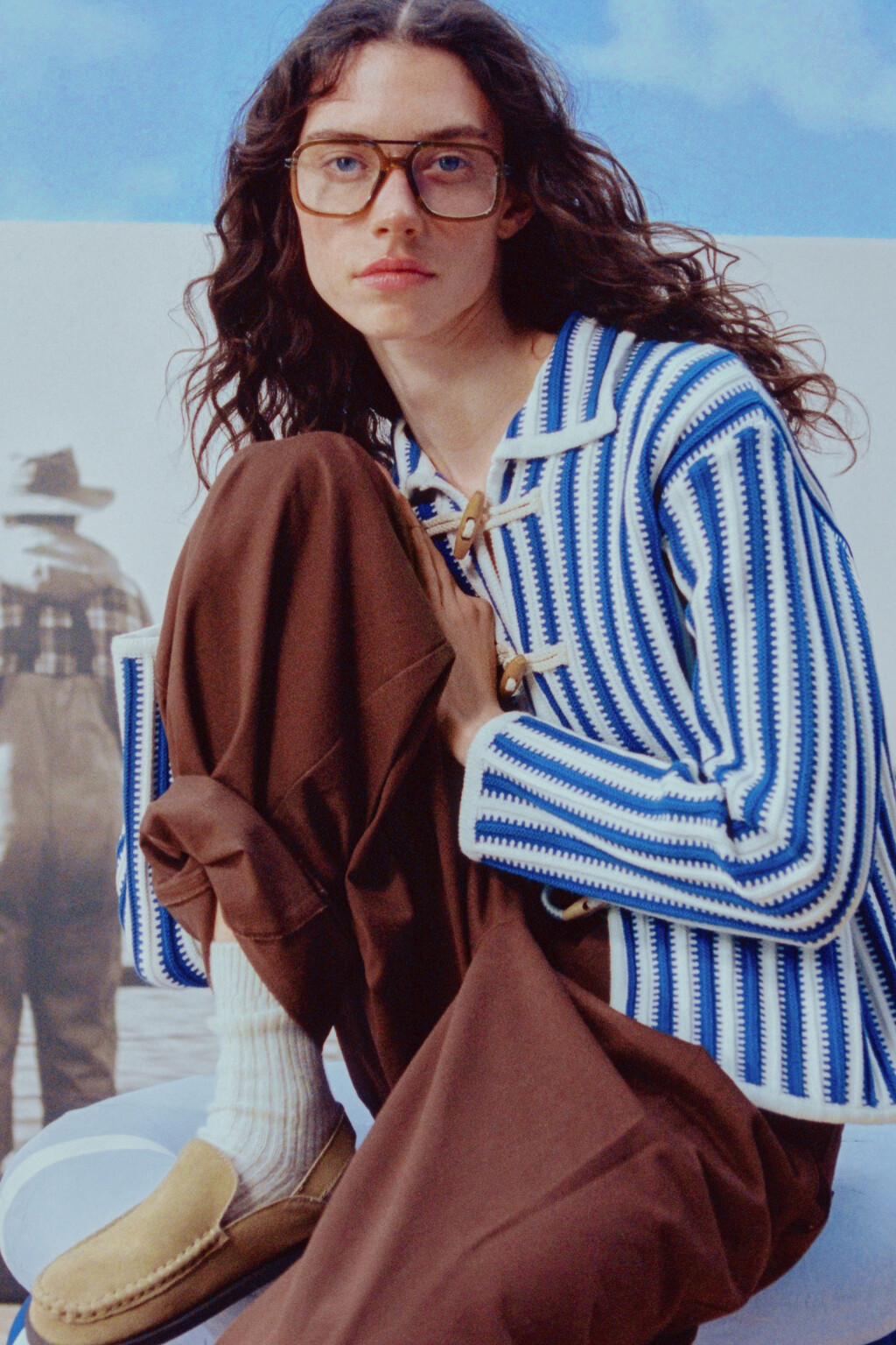 Кардиган вязаный oversize в полоску - цвет синий - 1