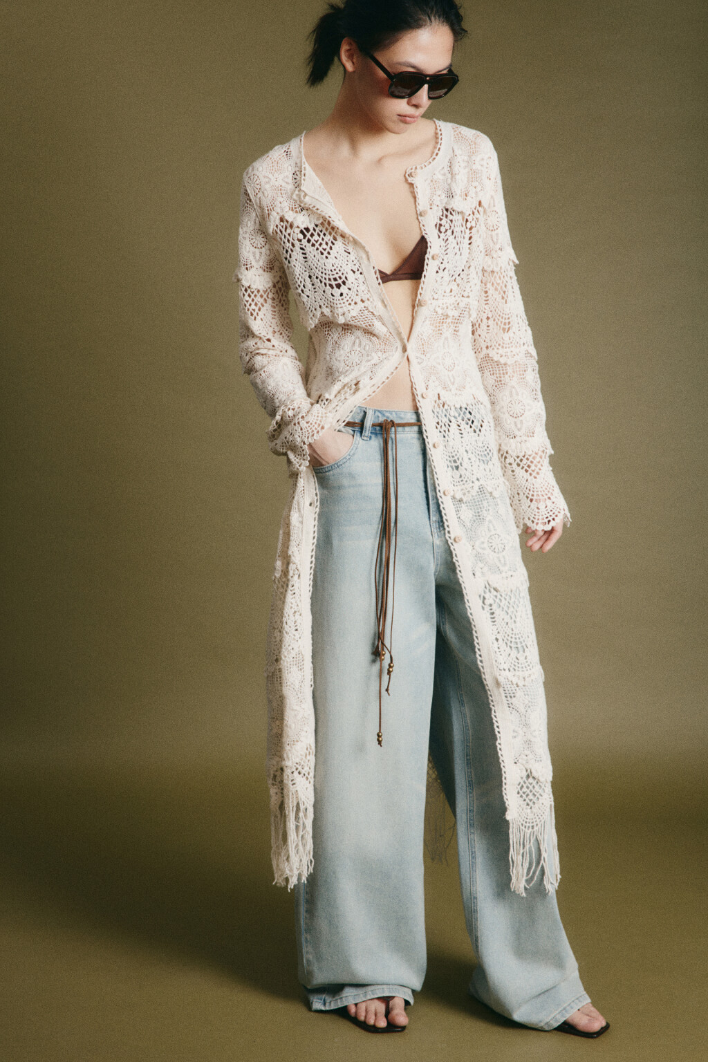 Кардиган кроше удлиненный с бахромой - цвет бежевый - 1