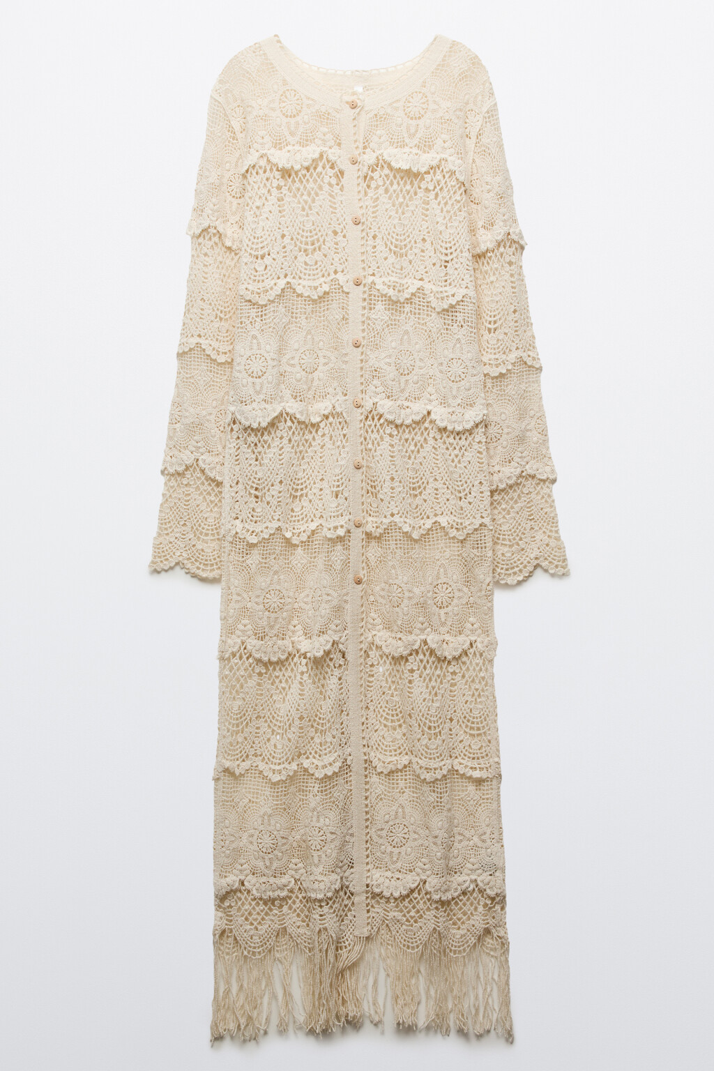 Кардиган кроше удлиненный с бахромой - цвет бежевый - 8