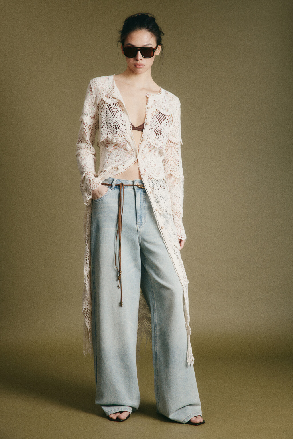 Кардиган кроше удлиненный с бахромой - цвет бежевый - 5