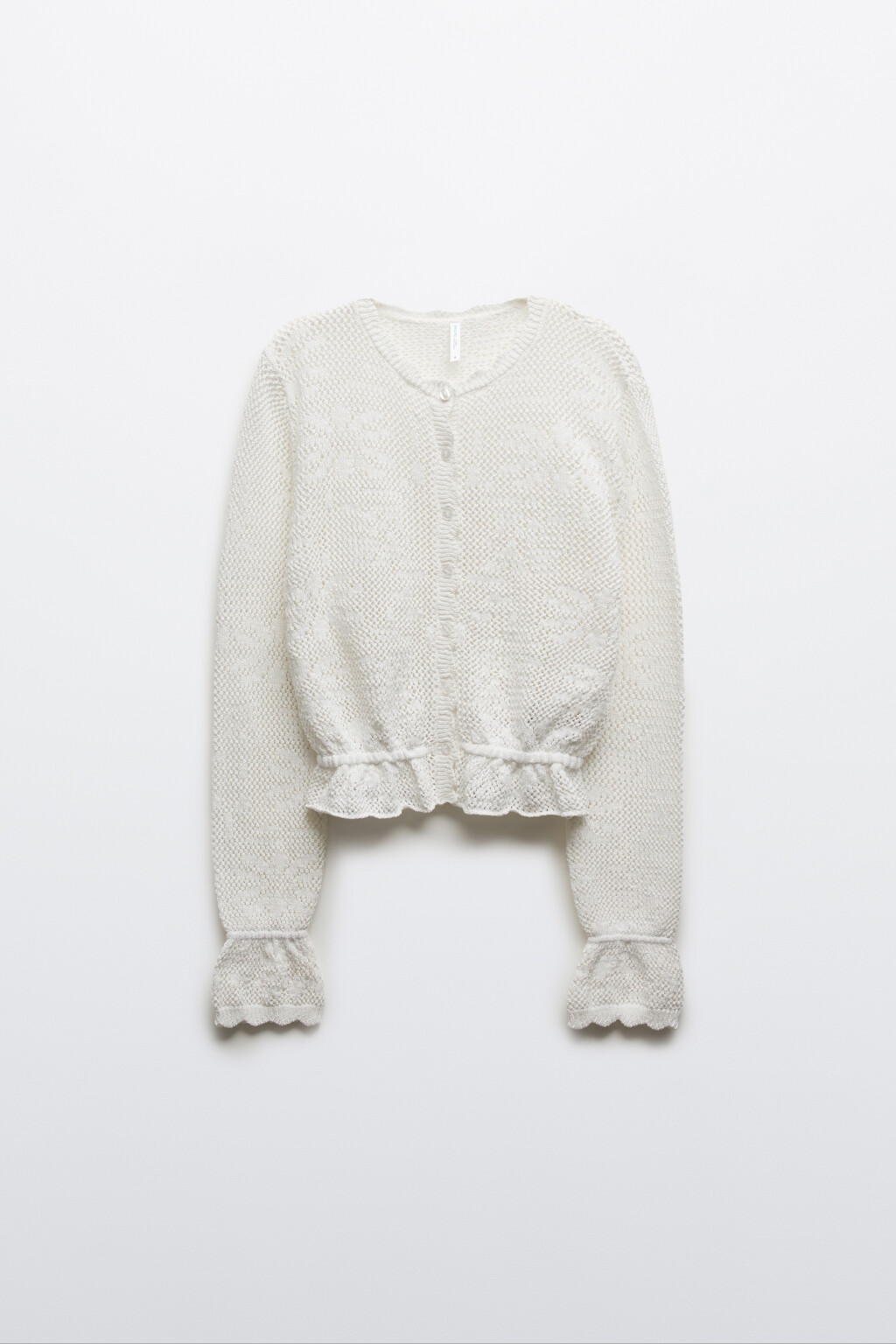 Кардиган кроше ажурный на пуговицах с воланами - цвет молочный - 7