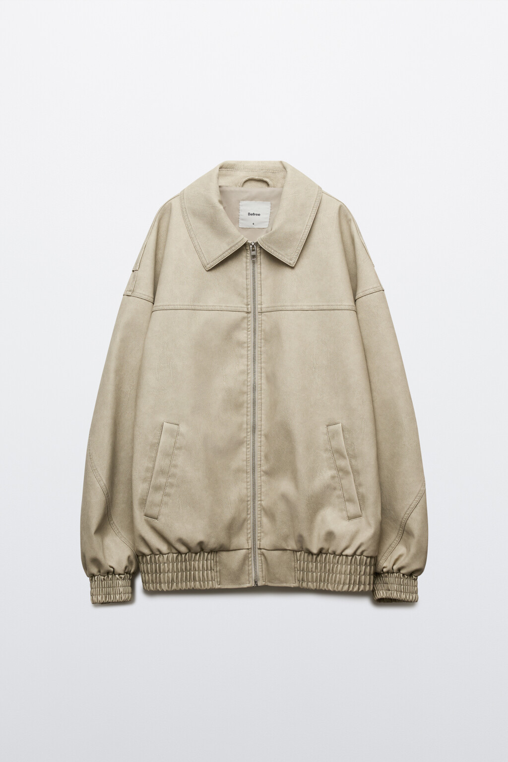 Куртка-бомбер с кожаной фактурой вареная без капюшона - цвет молочный - 1