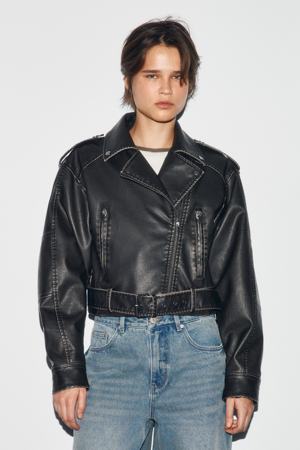 Куртка-косуха укороченная с вареным эффектом - цвет коричневый - 3