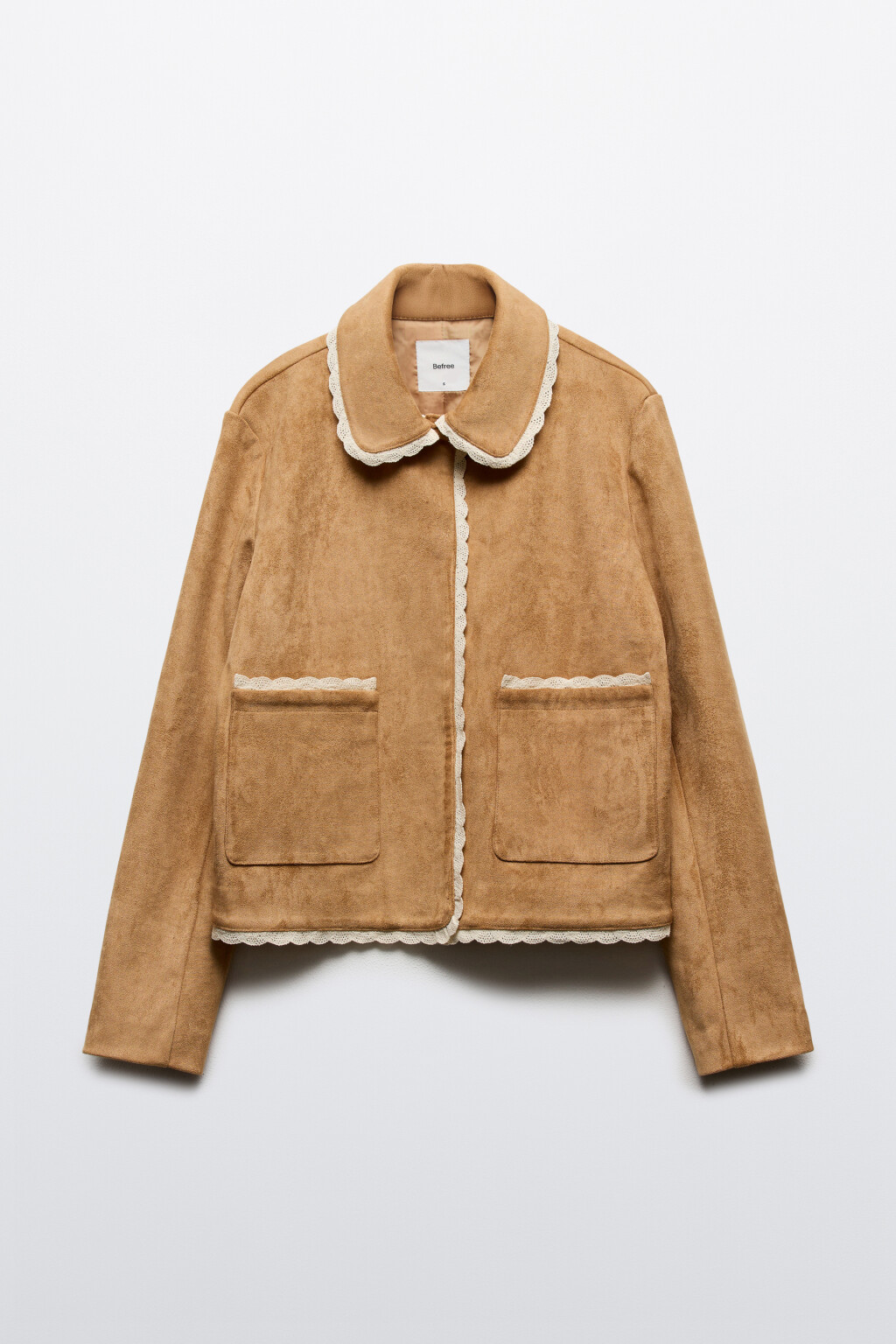Куртка с замшевой фактурой и кружевной отделкой - цвет коричневый - 9
