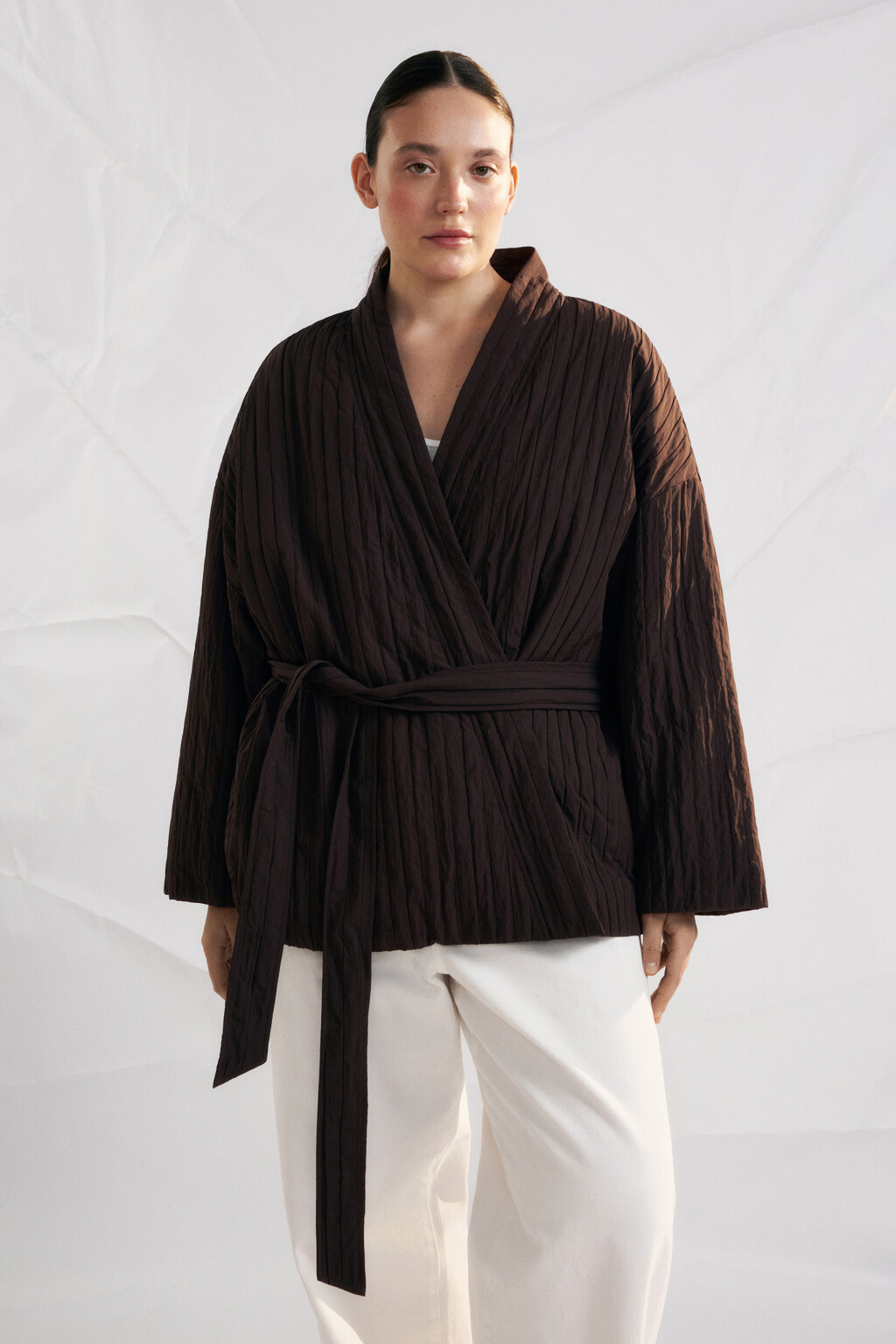 Куртка-кимоно стеганая утепленная без капюшона - цвет коричневый - 3