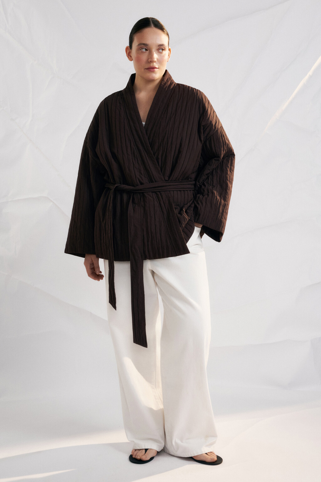 Куртка-кимоно стеганая утепленная без капюшона - цвет коричневый - 5