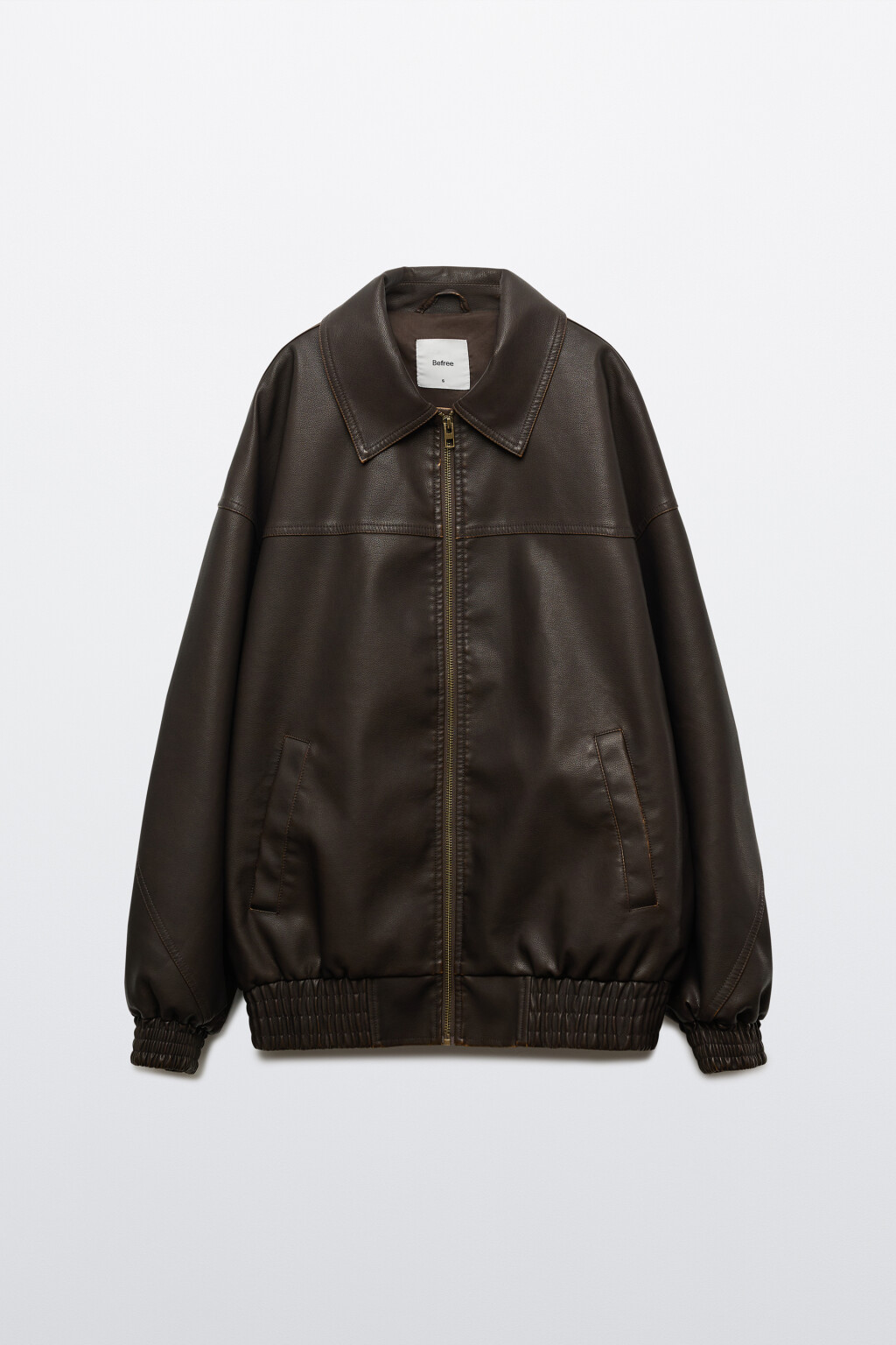 Куртка-бомбер с кожаной фактурой без капюшона - цвет коричневый - 1