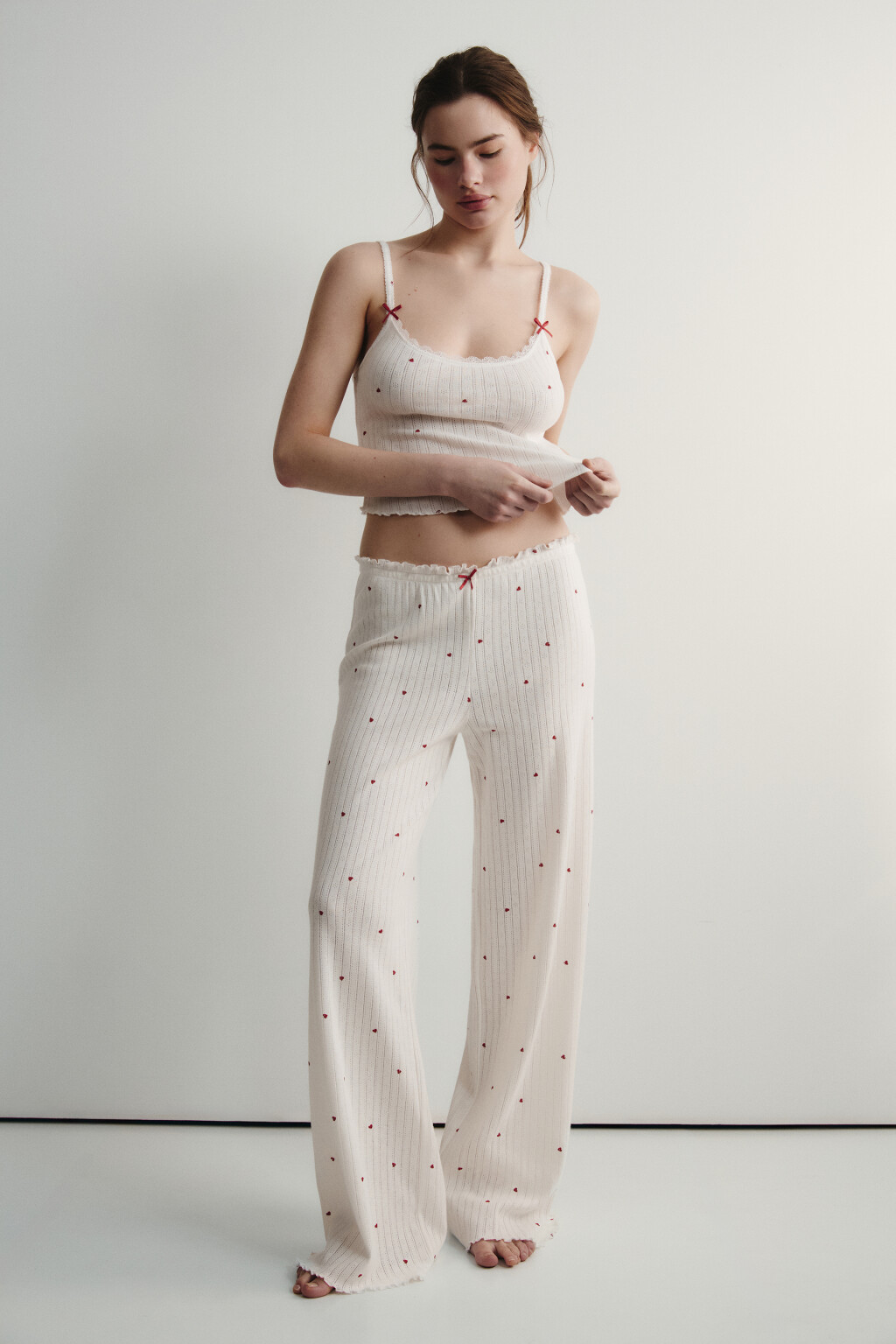 Брюки домашние хлопковые ажурные - цвет красный - 4