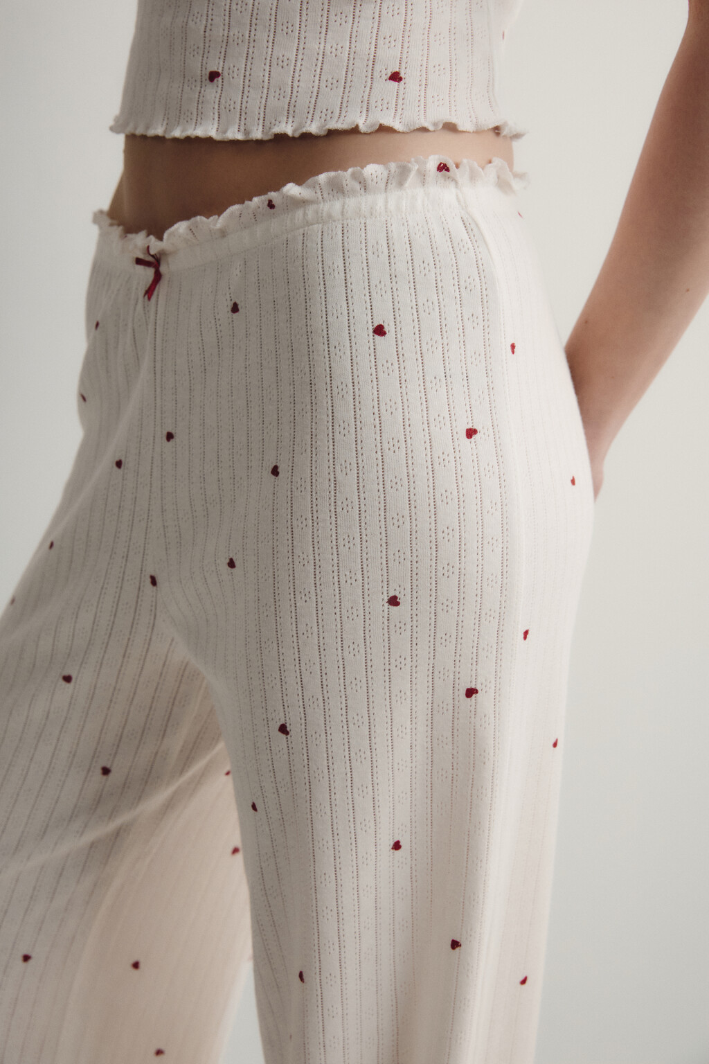 Брюки домашние хлопковые ажурные - цвет красный - 6