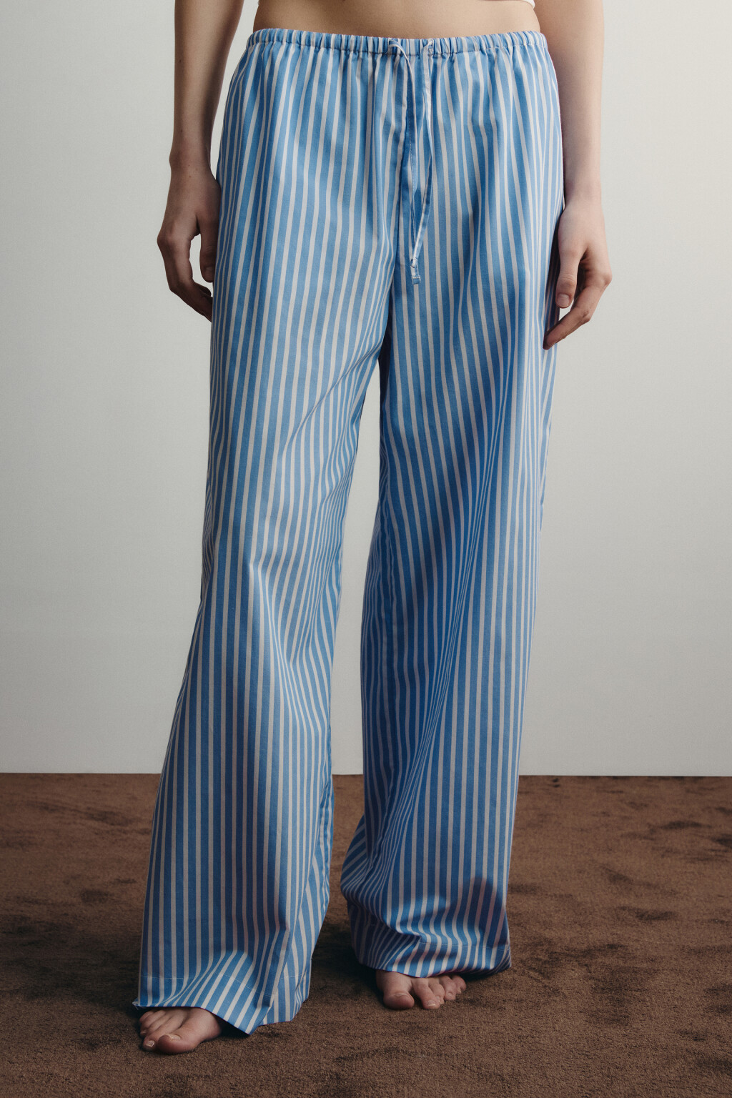 Брюки домашние хлопковые в полоску на завязках - цвет синий - 2