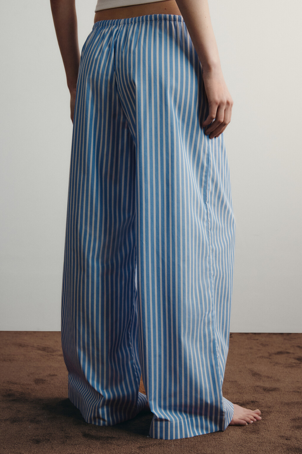 Брюки домашние хлопковые в полоску на завязках - цвет синий - 3