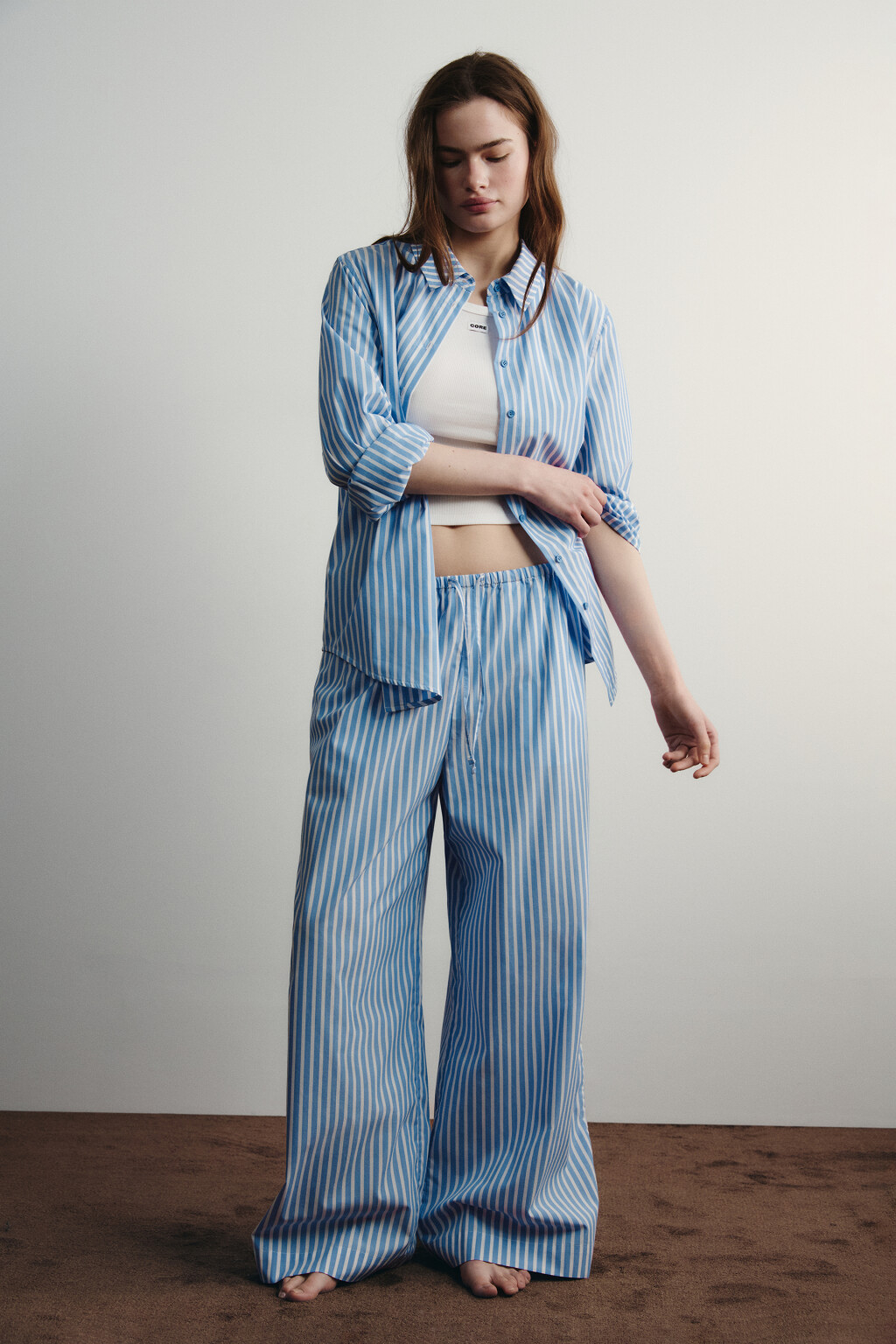 Брюки домашние хлопковые в полоску на завязках - цвет синий - 4