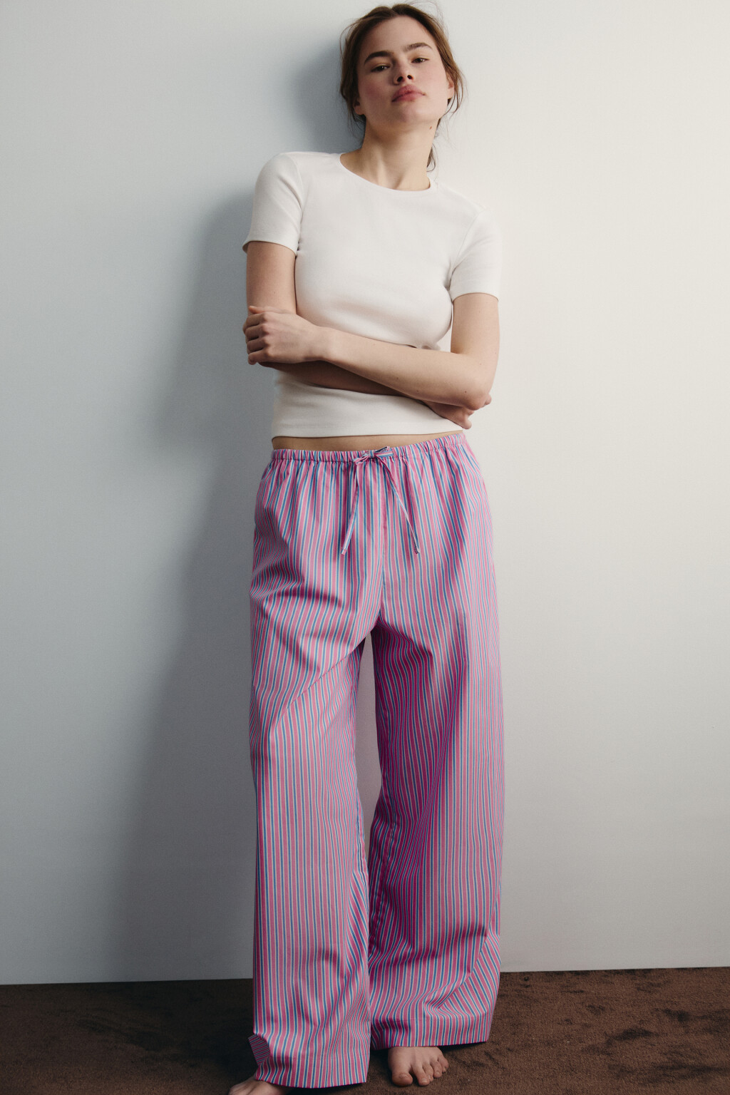Брюки домашние хлопковые в полоску на завязках - цвет розовый - 1