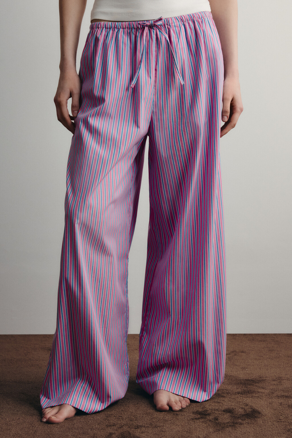 Брюки домашние хлопковые в полоску на завязках - цвет розовый - 2