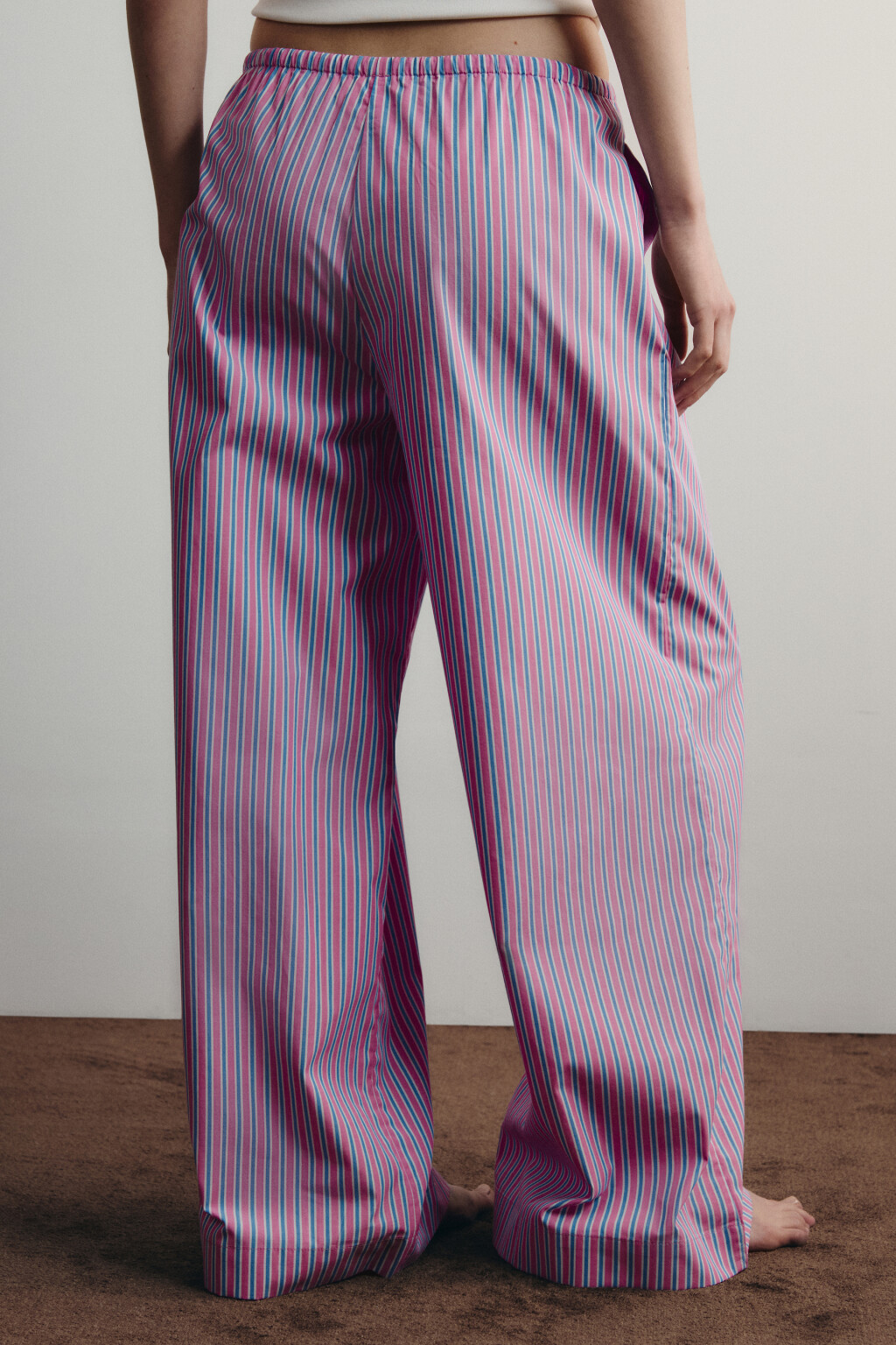 Брюки домашние хлопковые в полоску на завязках - цвет розовый - 3