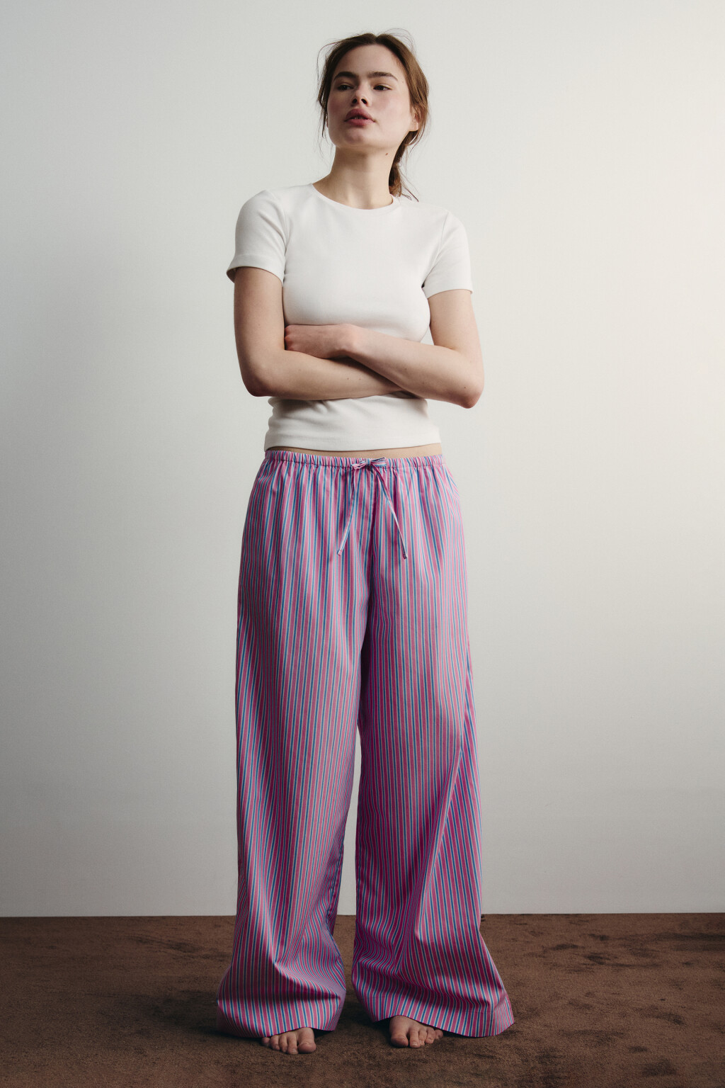 Брюки домашние хлопковые в полоску на завязках - цвет розовый - 4