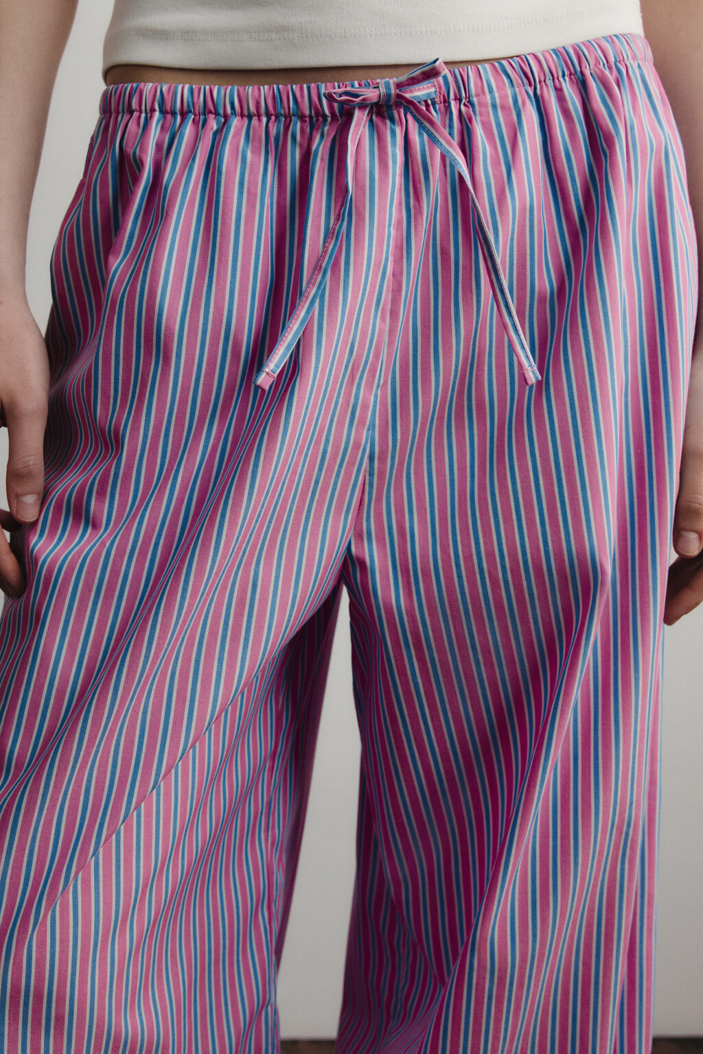 Брюки домашние хлопковые в полоску на завязках - цвет розовый - 5
