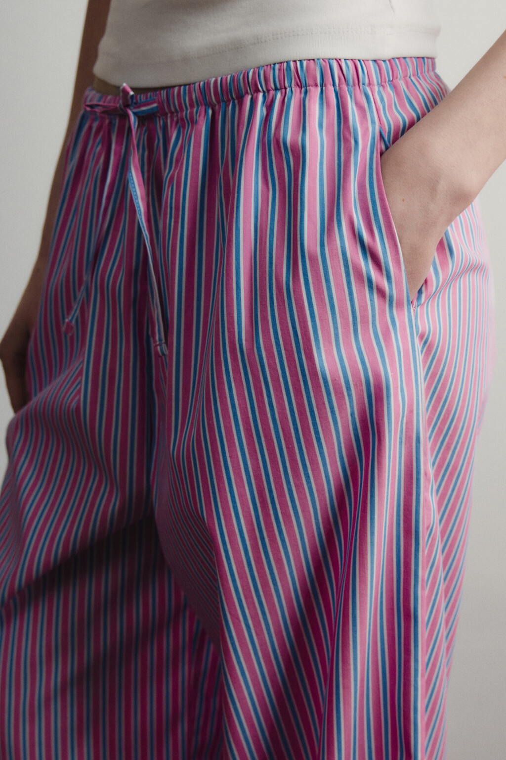 Брюки домашние хлопковые в полоску на завязках - цвет розовый - 6