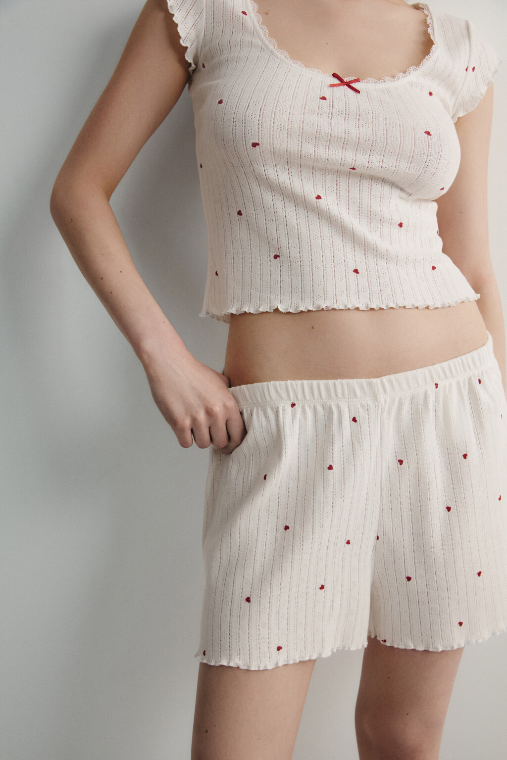 Шорты домашние хлопковые ажурные - цвет красный - 1