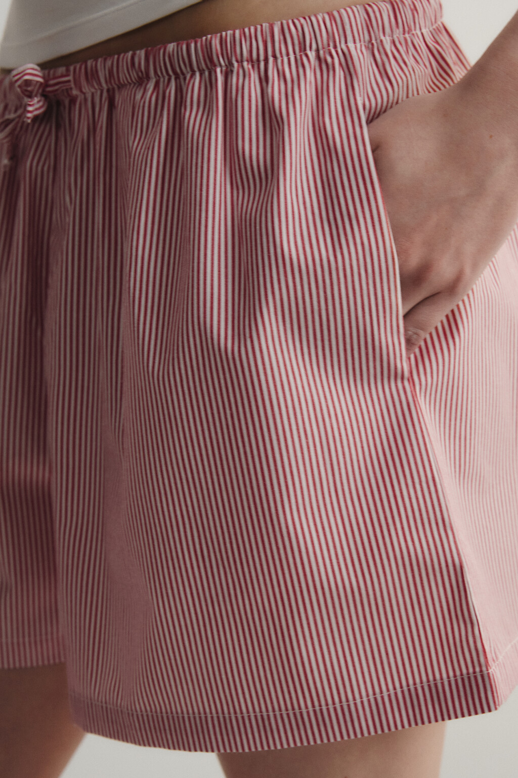 Шорты домашние хлопковые в полоску на завязках - цвет красный - 6