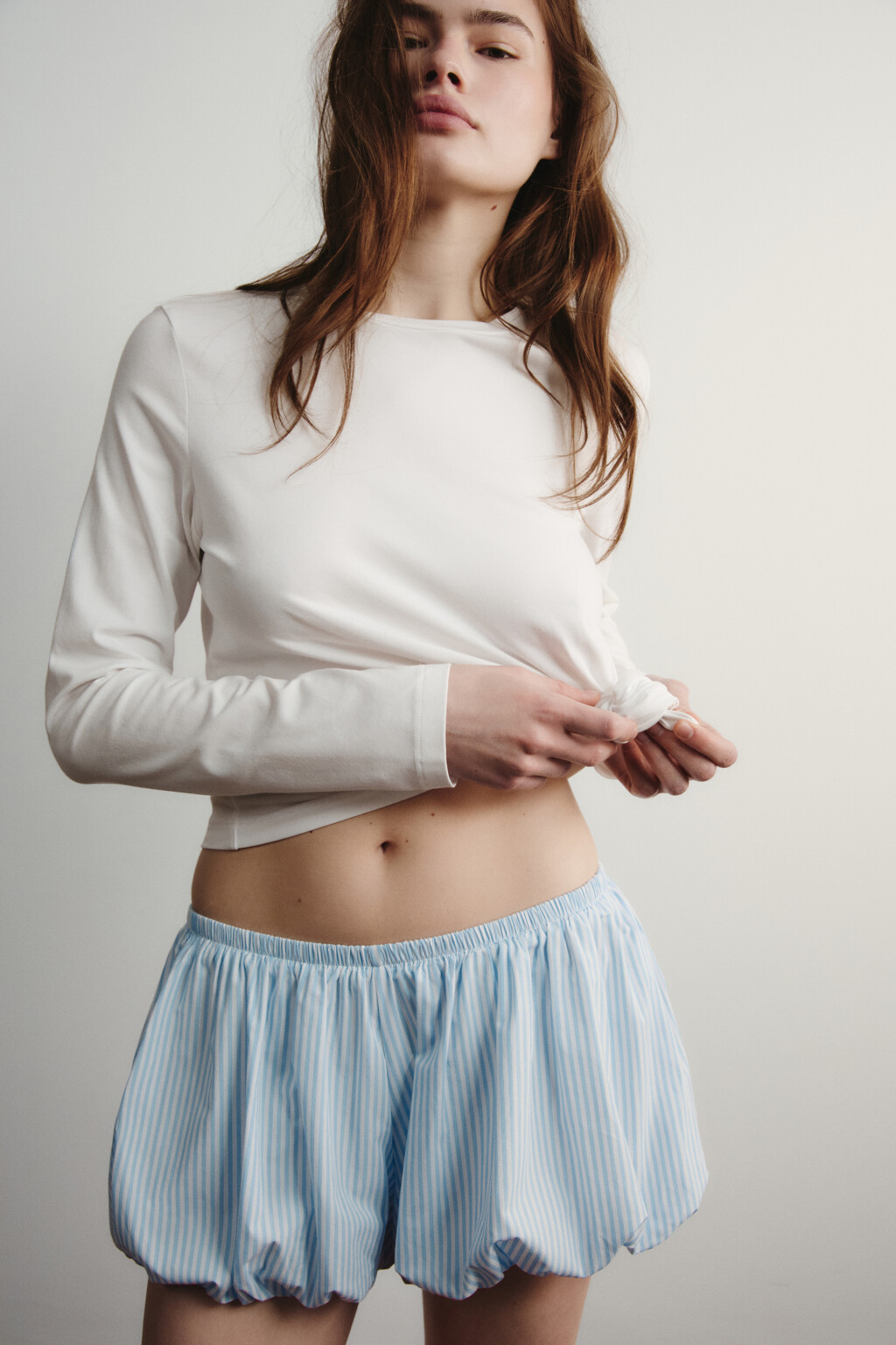 Шорты домашние хлопковые в полоску со средней посадкой - цвет голубой - 1