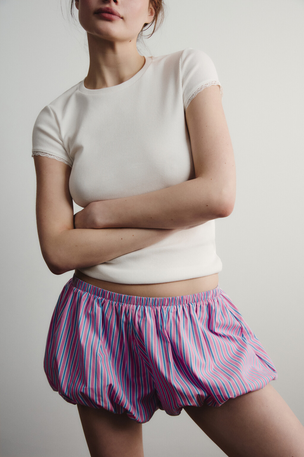 Шорты домашние хлопковые в полоску со средней посадкой - цвет розовый - 1