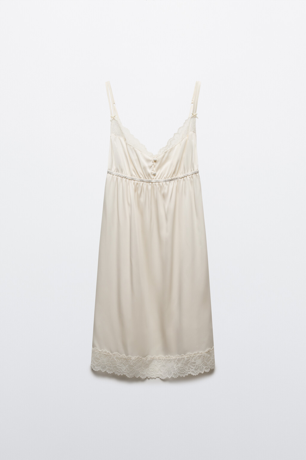 Платье домашнее атласное с кружевом на тонких бретелях - цвет ванильный - 7