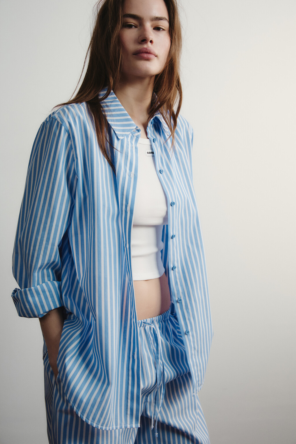 Рубашка домашняя хлопковая в полоску - цвет синий - 1