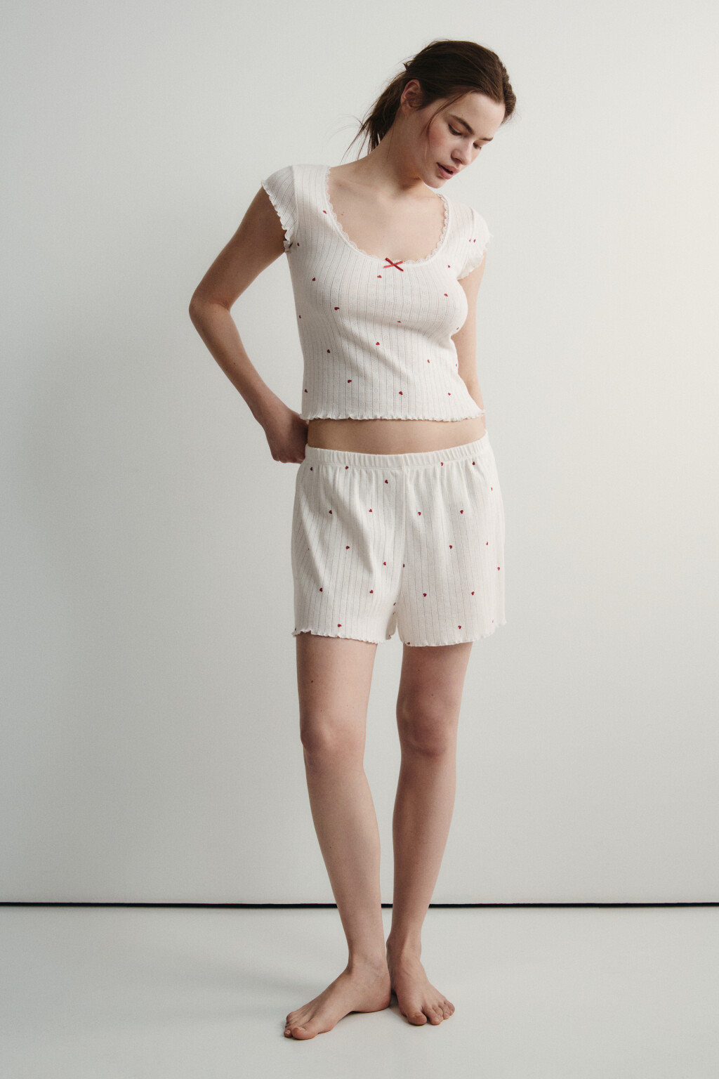 Футболка домашняя приталенная хлопковая ажурная - цвет красный - 4