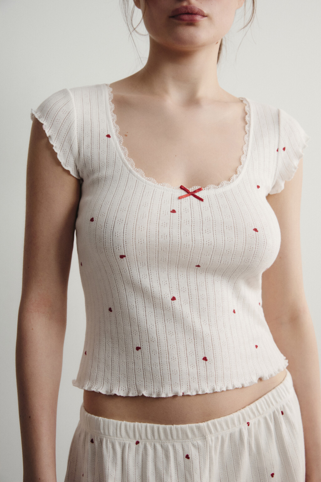 Футболка домашняя приталенная хлопковая ажурная - цвет красный - 5