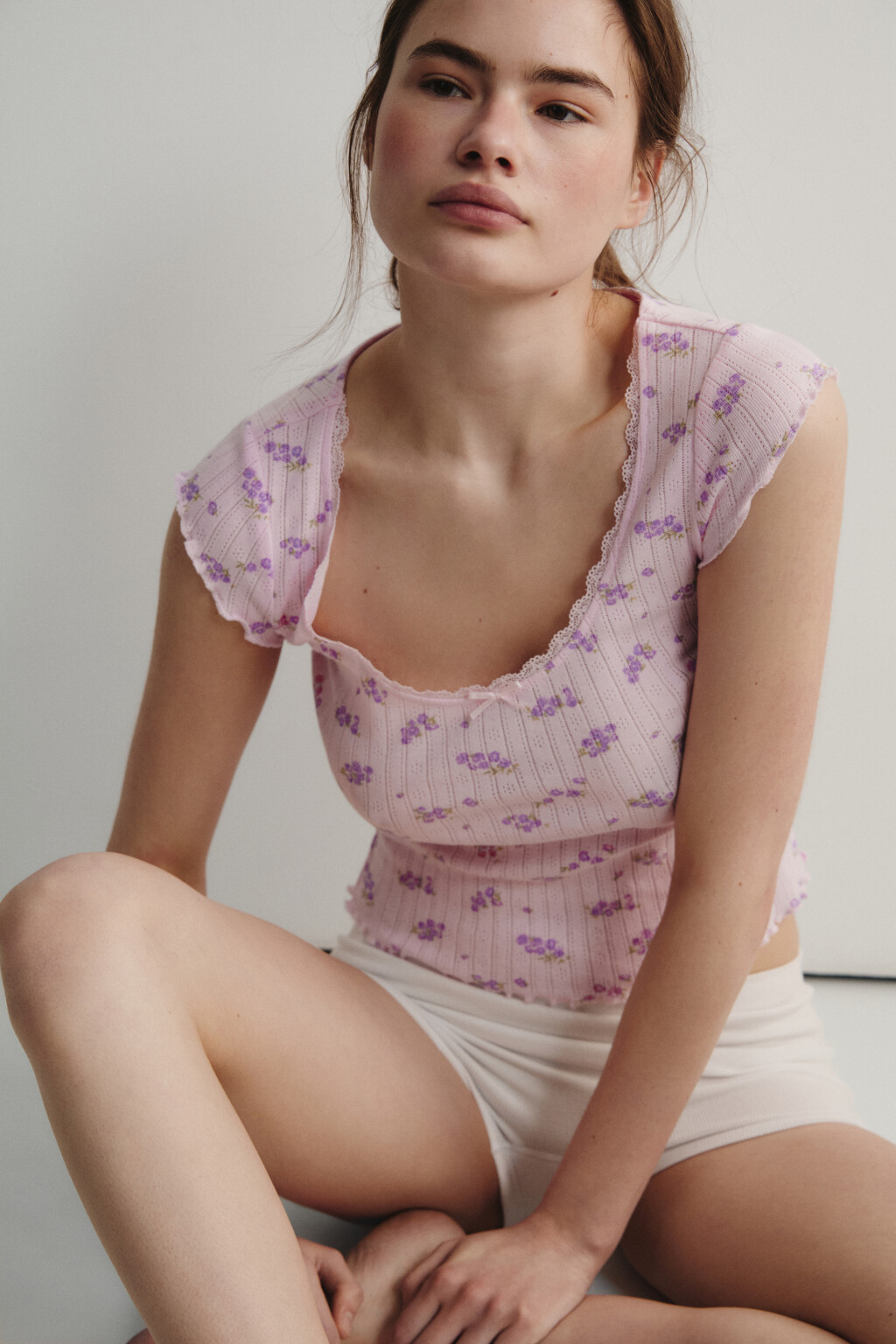 Футболка домашняя приталенная хлопковая ажурная - цвет розовый - 1