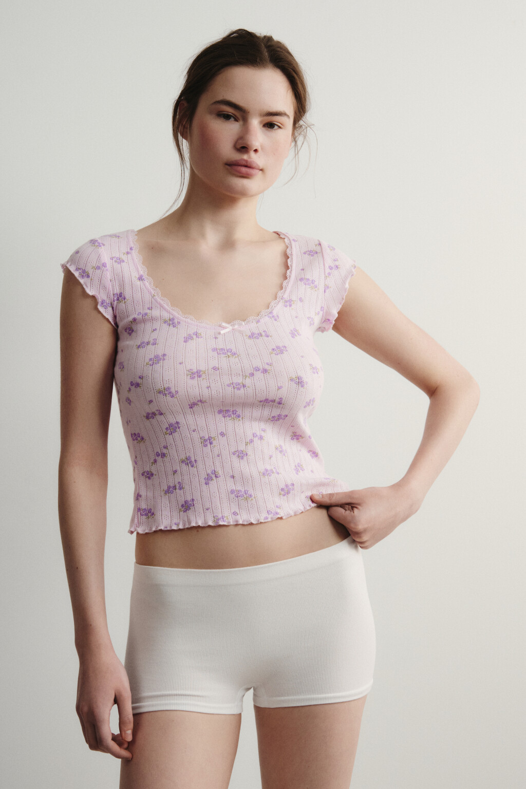 Футболка домашняя приталенная хлопковая ажурная - цвет розовый - 3