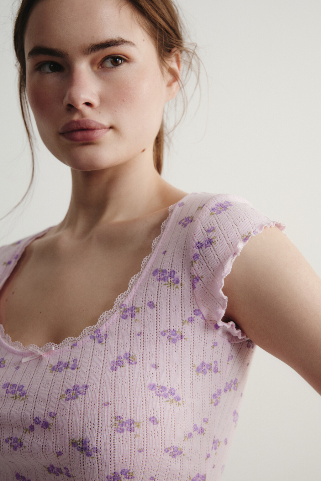 Футболка домашняя приталенная хлопковая ажурная - цвет розовый - 7