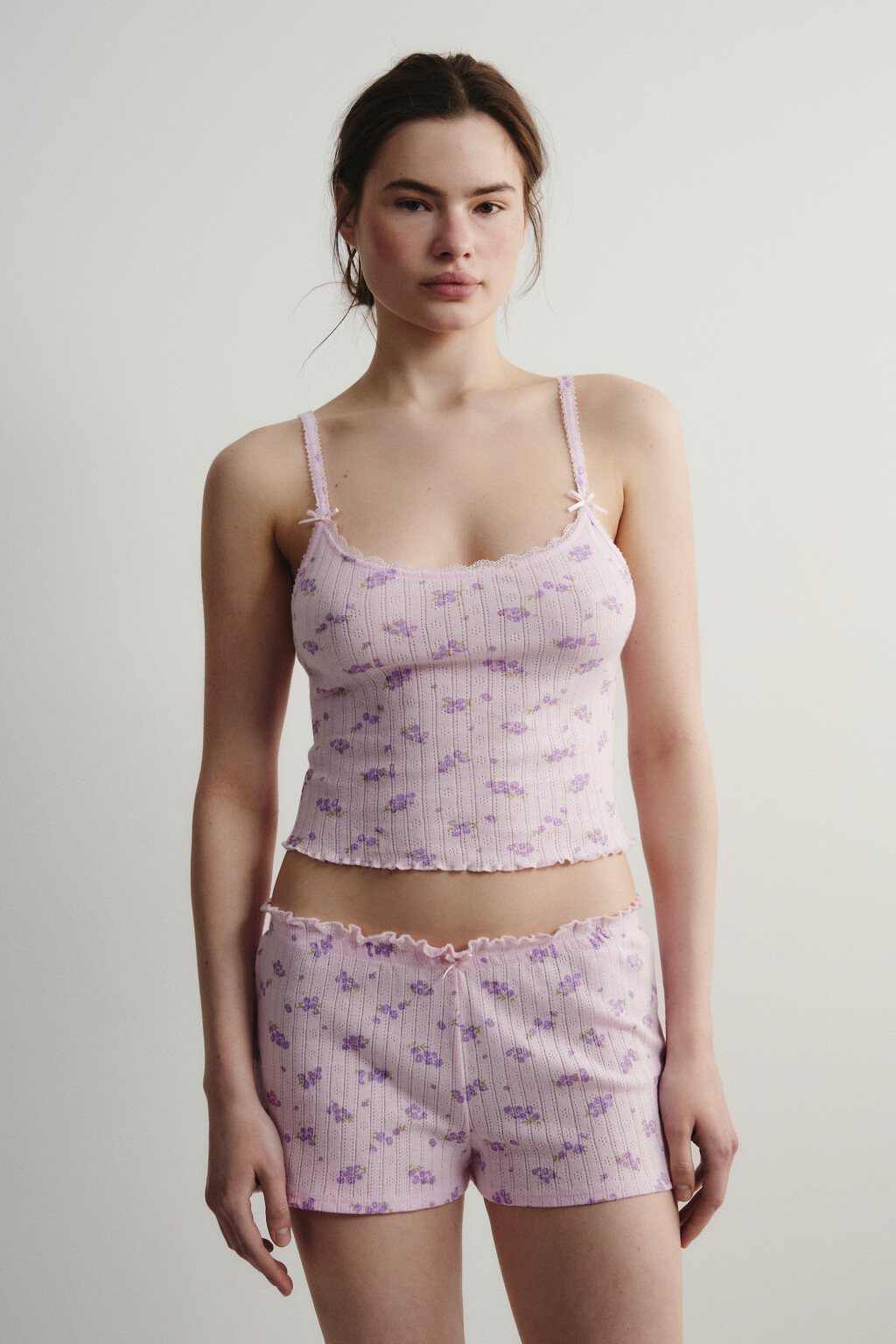 Майка-топ домашняя хлопковая укороченная ажурная - цвет розовый - 2