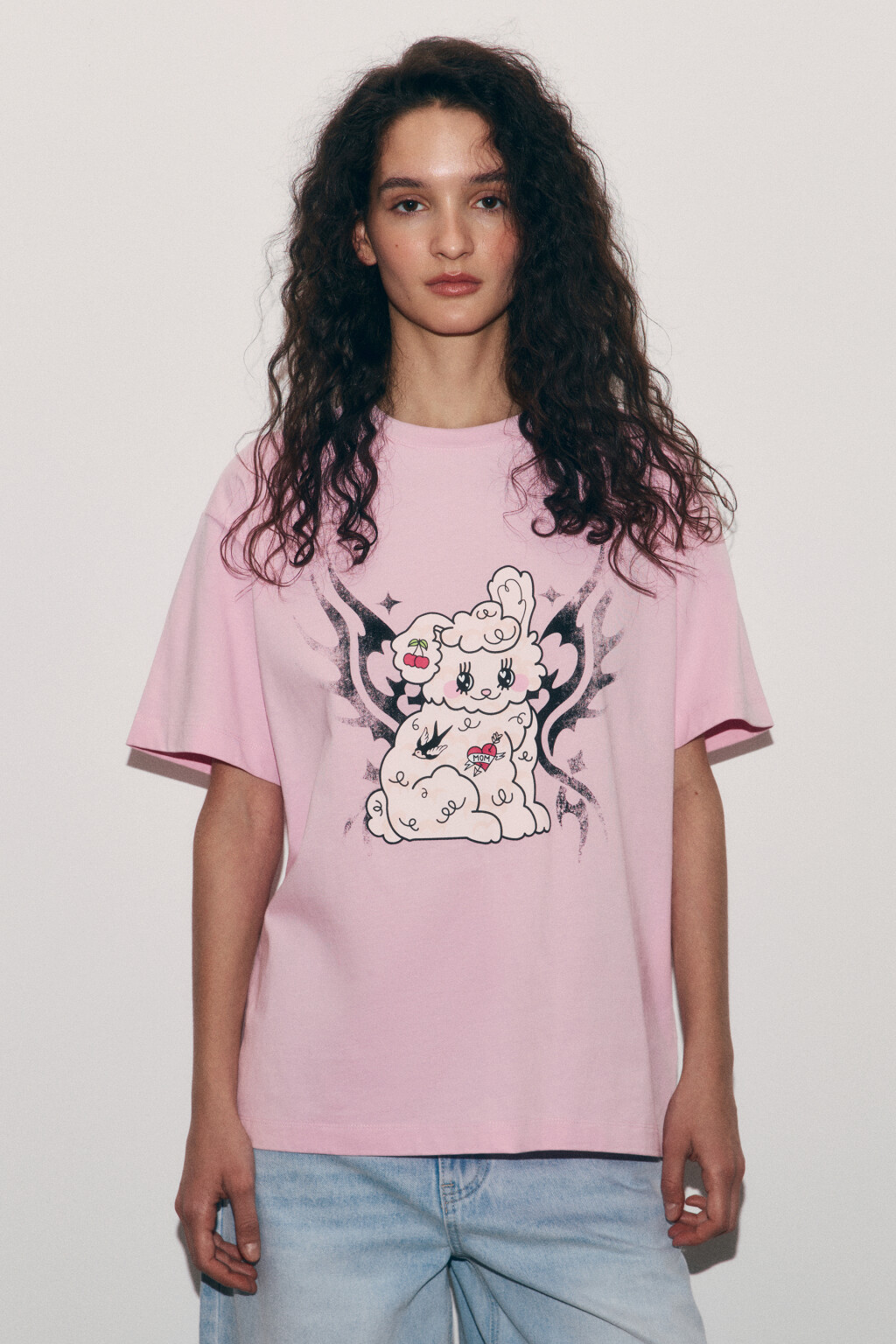 Футболка хлопковая оверсайз с принтом - цвет розовый - 3