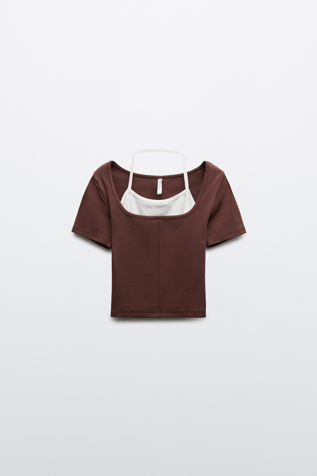 Футболка облегающая укороченная с имитацией топа - цвет коричневый - 1