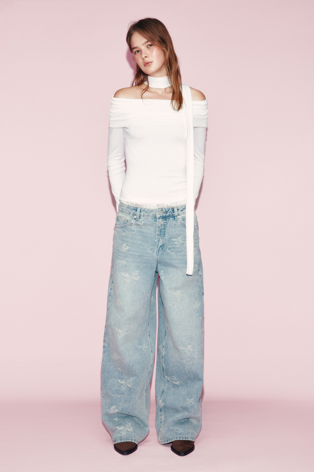 Лонгслив полуприлегающий off-shoulders с шарфом - цвет молочный - 5