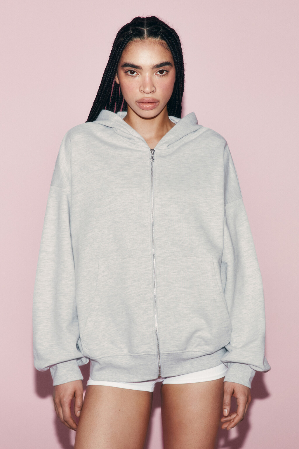 Худи на молнии оверсайз из футера с принтом - цвет серый - 5